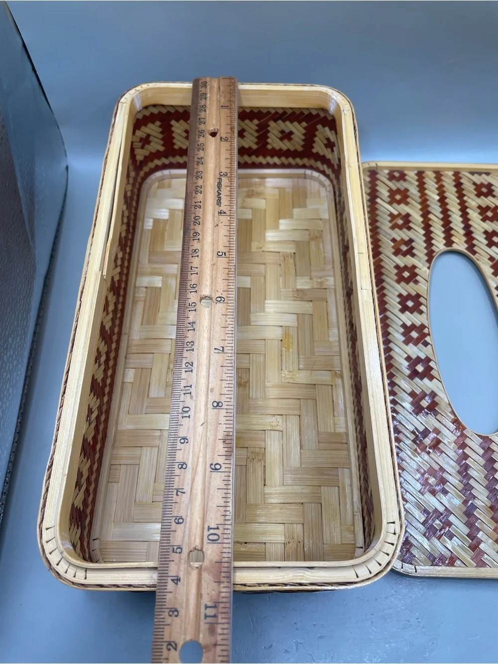 Vintage Bamboo Woven Red Geometric Design Tissue Box Cover With Lid 10.5x3.5”
